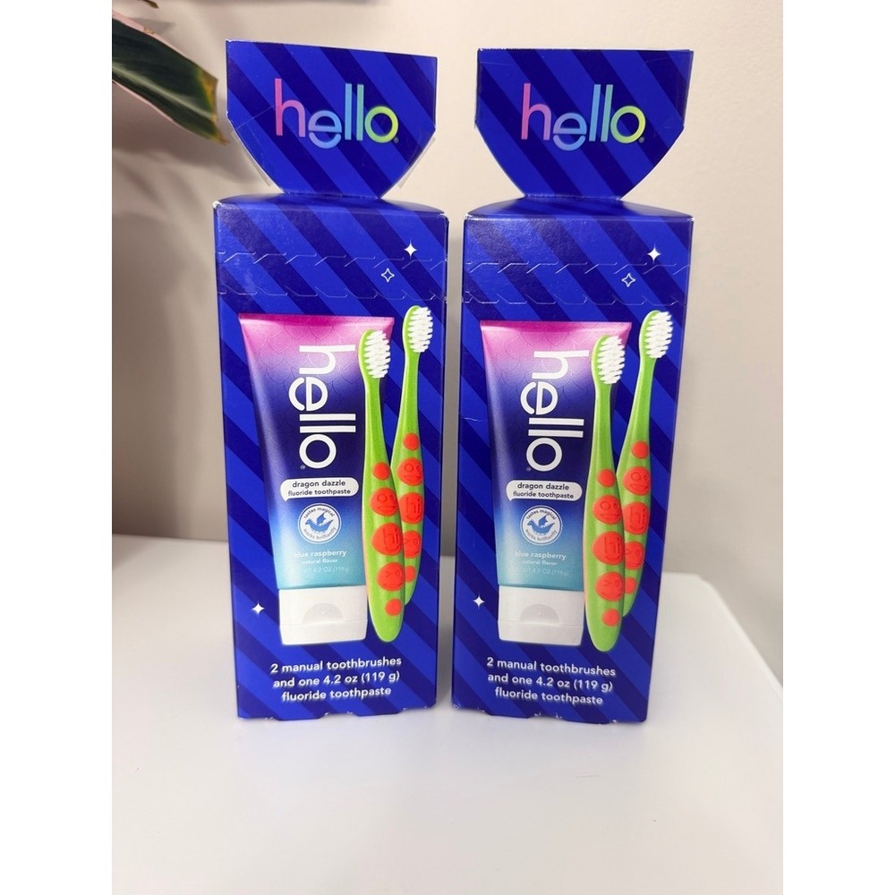 Hello Toothpaste Toothbrush Set Kids 2-Pack Blue Raspberry Dragon Dazzle NEW NWT